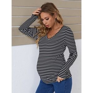 Maternity V Neck Striped Print Tee